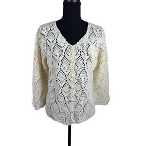 Liz Claiborne Womens Petite Small Cream Crochet Ramie Cotton Cardigan Floral
